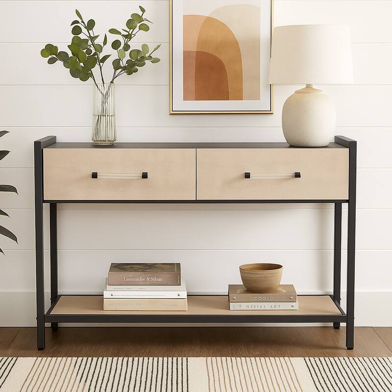 Caz 48 Inch 2 Drawers Sofa Console Table w Black Frame, Faux Leather
