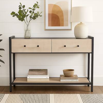 Caz 48 Inch 2 Drawers Sofa Console Table w Black Frame, Faux Leather