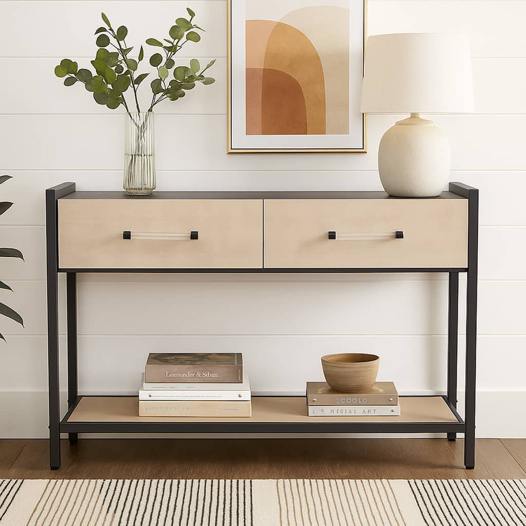 Caz 48 Inch 2 Drawers Sofa Console Table w Black Frame, Faux Leather