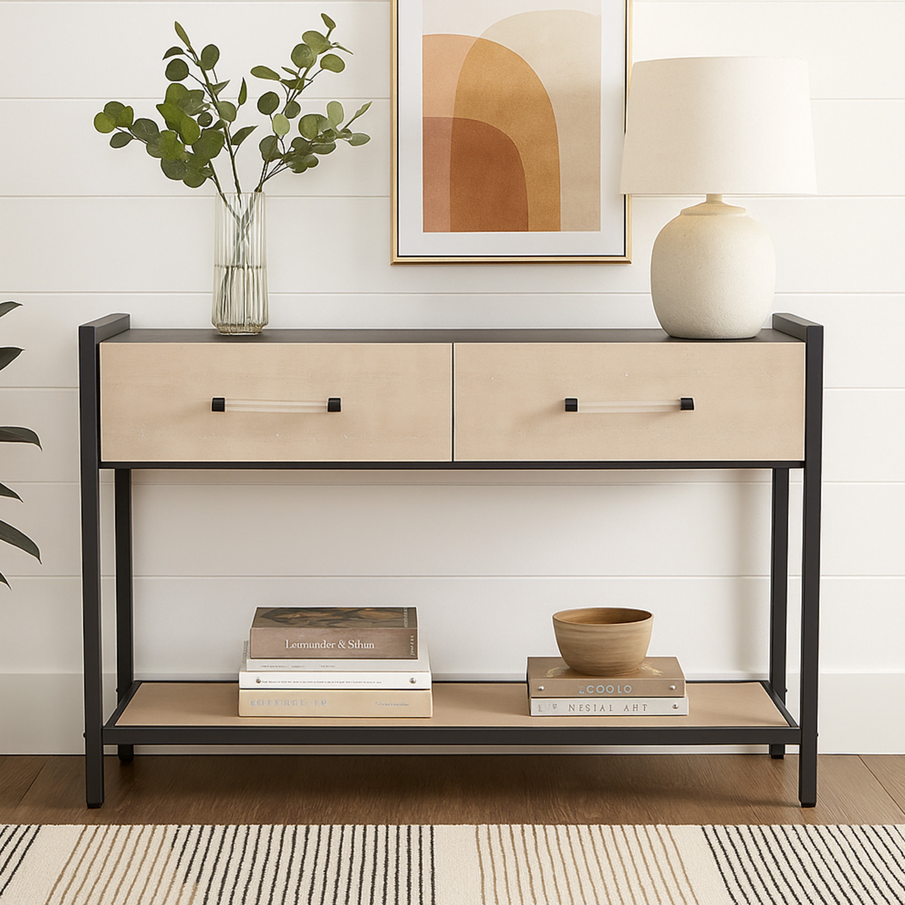 Caz 48 Inch 2 Drawers Sofa Console Table w Black Frame, Faux Leather