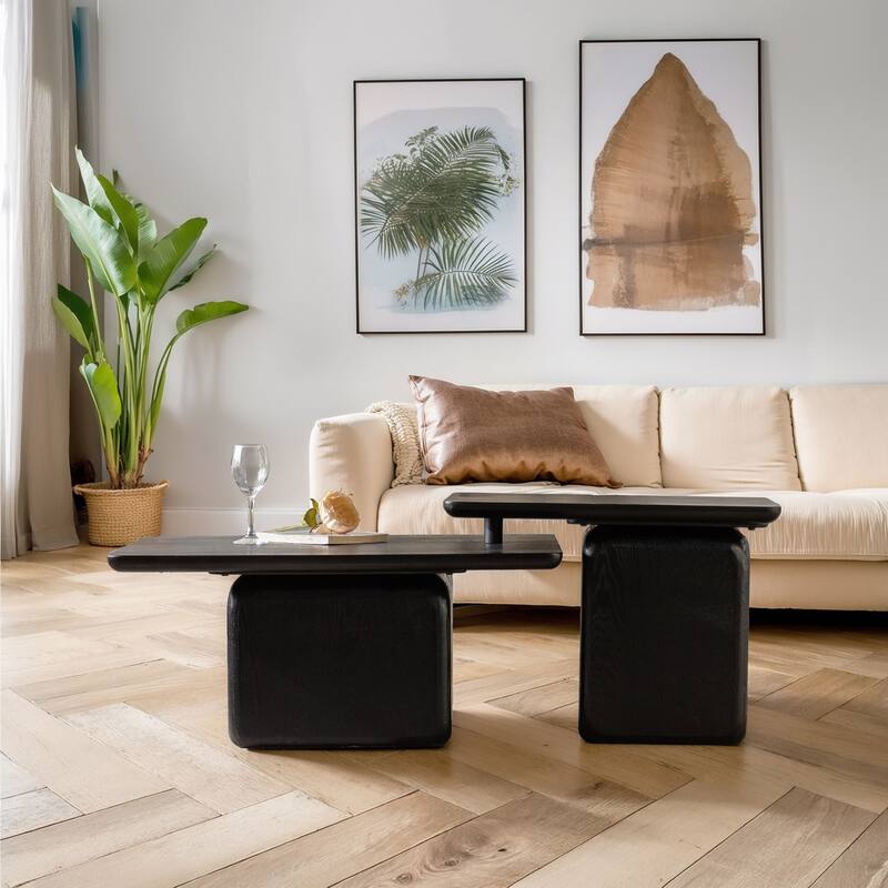 Vintage Fashion Style Square Coffee Table with Wood Grain Finish, for Living Room Office and Dining Room Black Set of 2
