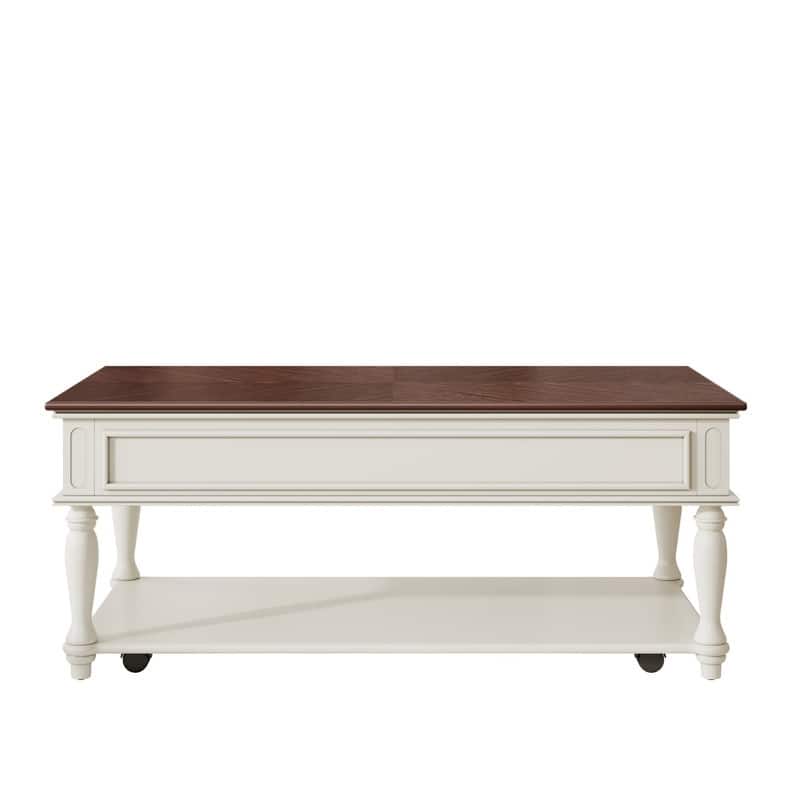 Farmhouse Coffee Table with One Drawer, Easy Assembly, Retro Movable Rectangular Cocktail Table with Lockable Wheels