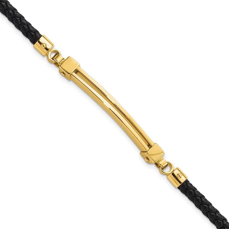 Curata 14k Yellow Gold 8" Polished Bar Leather Gold Bracelet