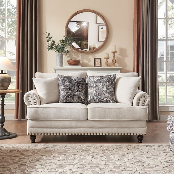 slide 2 of 13, Morden Fort Chenille Fabric Loveseat with Rolled Arm and Nailhead Trim Beige