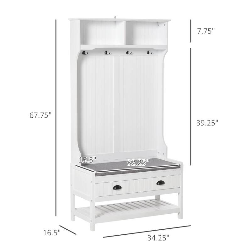 HOMCOM Coat Rack and Bench Hall Tree Organizer with 4 Hooks, 2 Drawers with Padded Seat Cushions for Entryway, White