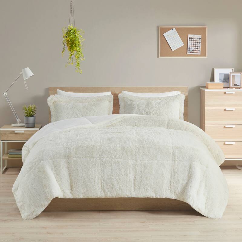 Intelligent Design Leena Shaggy Long Fur Comforter Mini Set - Ivory - Twin XL