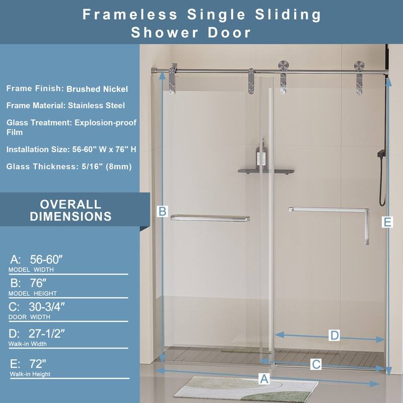56-60" W x 76" H Single Sliding Frameless Shower Door with 5/16" (8mm) Tempered Glass & Dual Towel Bars