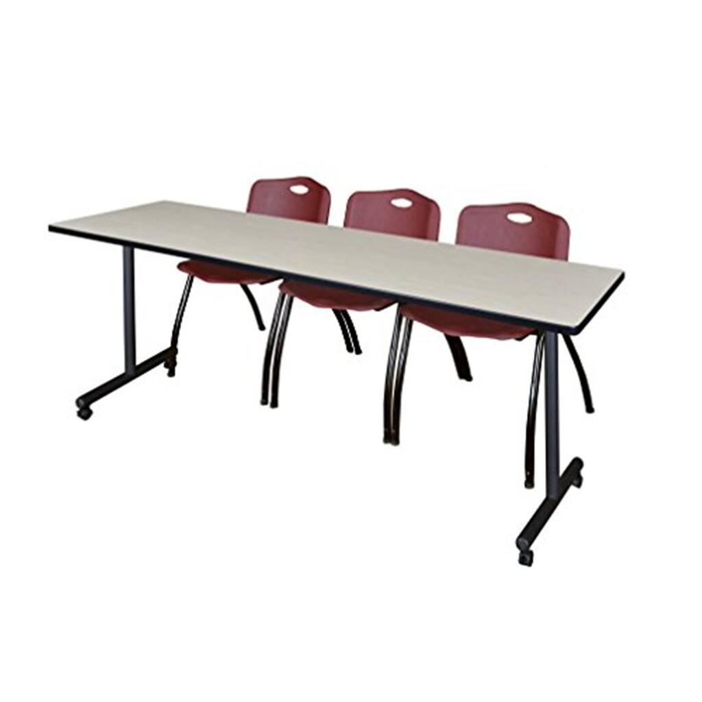 84" x 24" Mobile Training Table- Maple & 3 'M' Stack Chairs- Burgundy