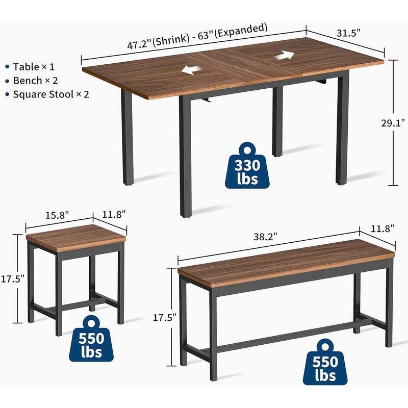 47.2" Large Extendable Kitchen Table Set, with 2 Benches and 2 Square Stools
