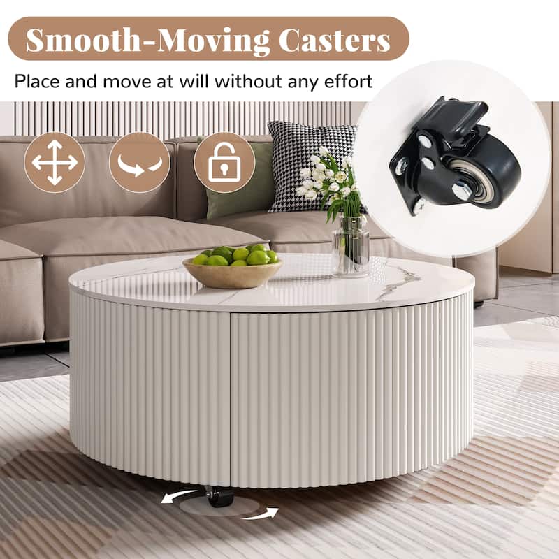 Modern Round Coffee Table with Casters, 2-Drawer Mobile Table with Marble Pattern Sintered Stone Top