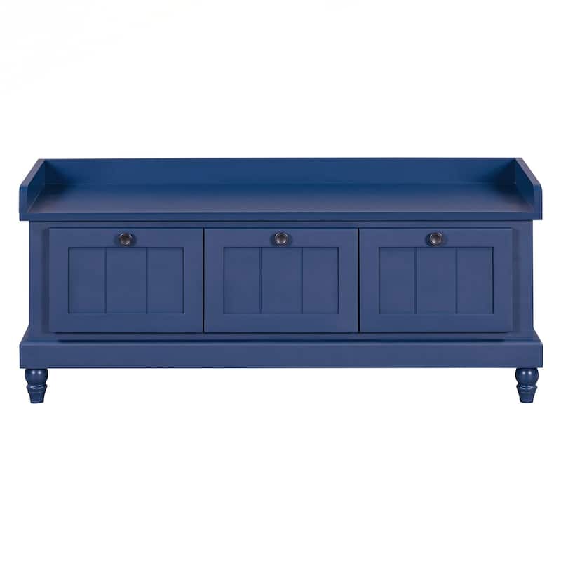 Classic Shoe Bench with Cushion and Three Drawers, Fluted Entryway Bench with Storage for Living Room, Entryway, and Hallways