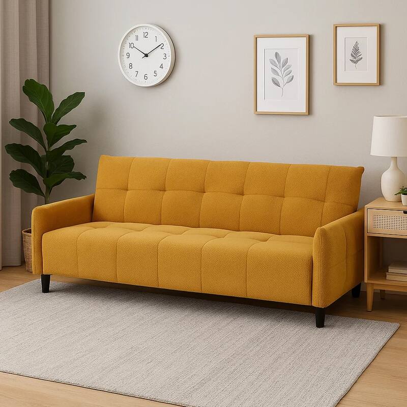 79 Inch Convertible Sofa Bed Futon, Tufted Cushions, Padded Arms, Yellow