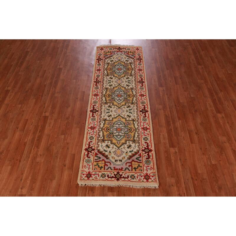 Hand Knotted Oriental 100% Wool Carpet Traditional Geometric Beige & Ivories Heriz (serapi) Runner Rug - 8' 1'' X 2' 7''