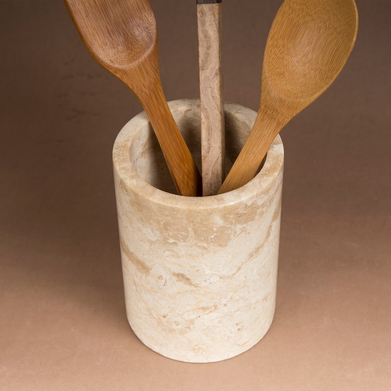 Creative Home Natural Champagne Marble Multi-Functional Tool Crock, Utensil Holder, Counter Top Organizer, 5" Diam. x 7" H
