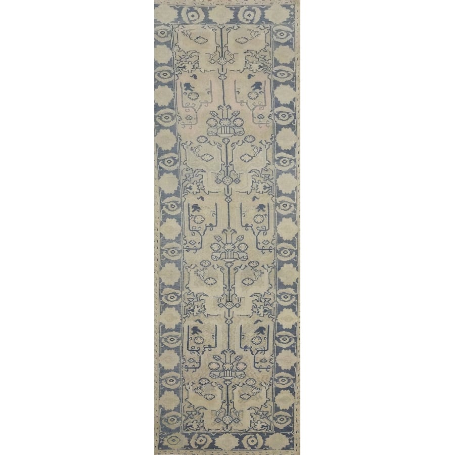 Hand Knotted Oriental 100% Wool Carpet Transitional All-Over Beige & Ivories Oushak Runner Rug - 12' 4'' X 2' 9''
