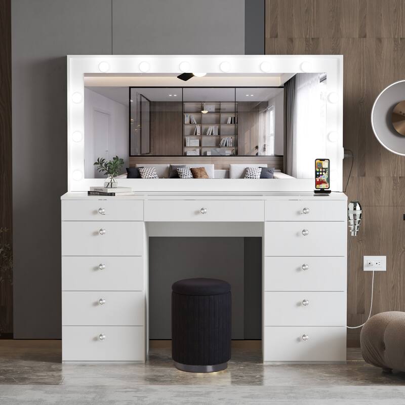 Boahaus Makeup Vanity Table, 11 Drawers, Mirror, Lights, Glass Top On