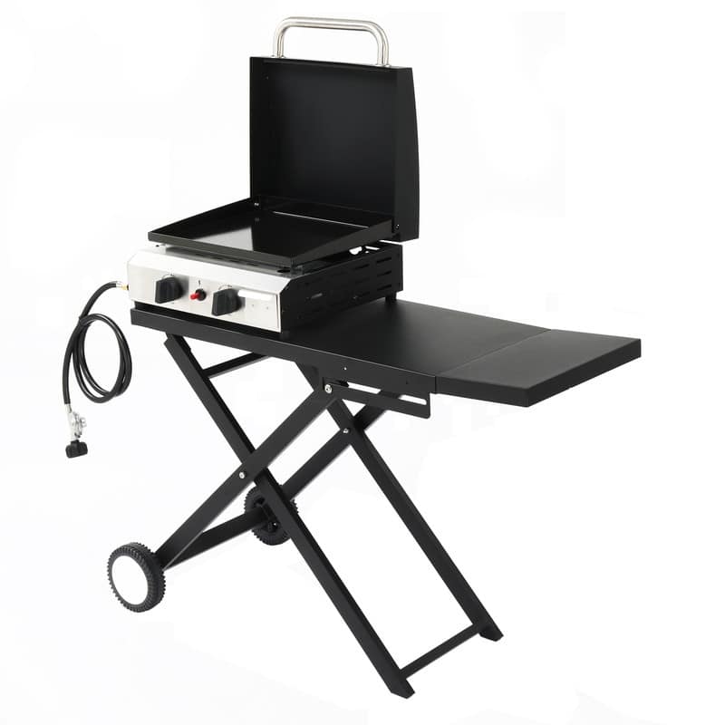 2 Burner Foldable Propane Griddle Rolling Flat Top Gas Grill with Wheels and Lid for Outdoor Cooking - N/A