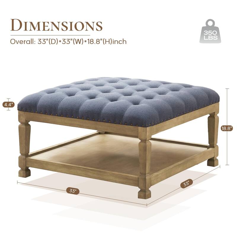 Button-Tufted Upholstered Coffee Table Ottoman with Wooden Shelf – Square Fabric Ottoman