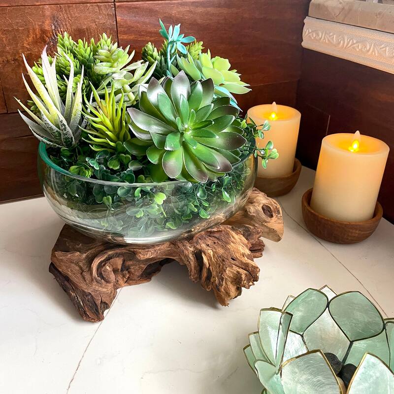 Molten Glass Bowl On Driftwood 10" Hand Blown Decorative Centerpiece