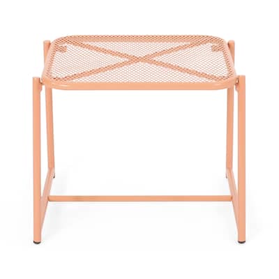 Elie Outdoor Side End Table, 20 Inch Mesh Top, Orange Metal Sled Base
