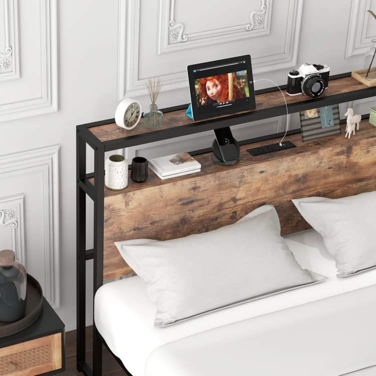 Bed Frame with 2-Tier Storage Headboard and Charging Station