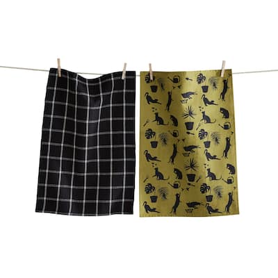 Garden Cat Dishtowel Set of 2 - Summer Green Multi Cotton Kitchen Towels, Machine Washable, 26" x 18"