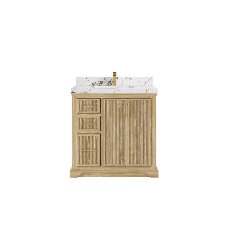 Willow Collections 36 x 22 Alys Solid Teak Center Sink Right Bathroom Vanity with Countertop - 2"Viola Gold - Whitewashed