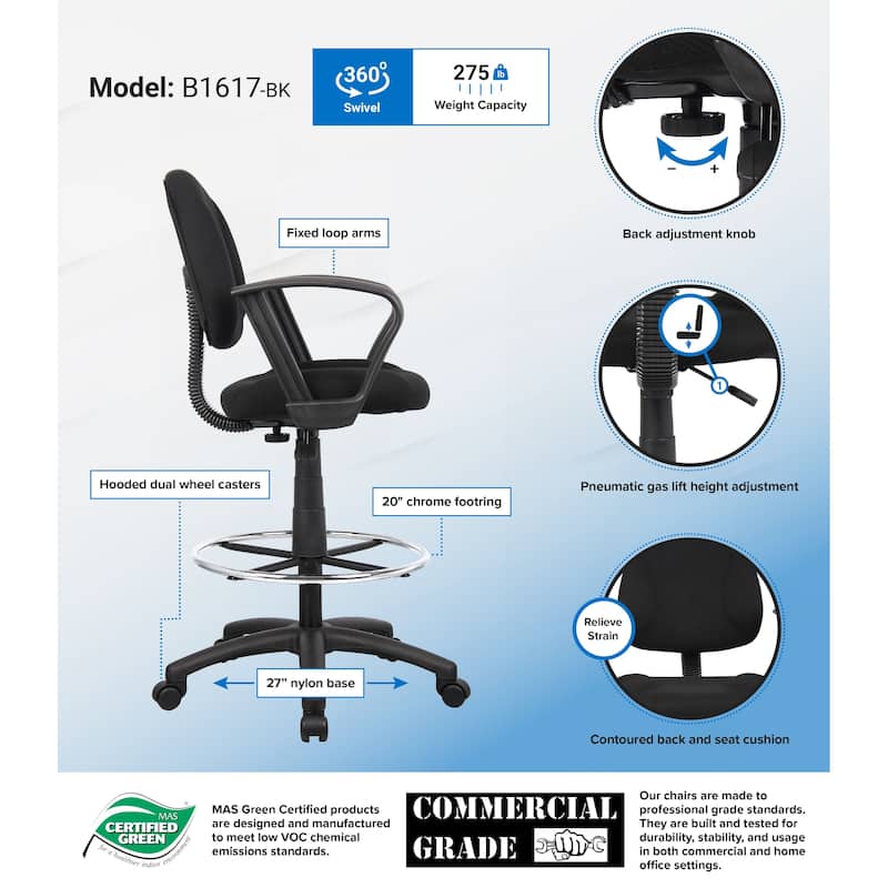 Boss Adjustable Black Loop Arm Drafting Stool with Wheel Casters - Black