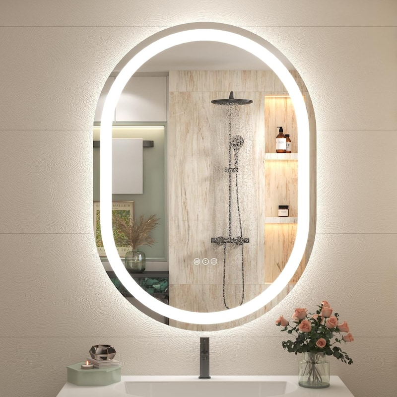 Frameless Oval LED Lighted Vanity Mirror Anti Fog Tempered Glass Bathroom with ETL and 3 Year Warranty - 20x28