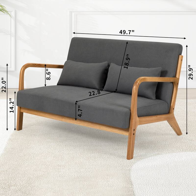 Dark Gray Modern 45.7" Linen Upholstered Loveseat Accent Chair with Solid Wood Legs and Pillows