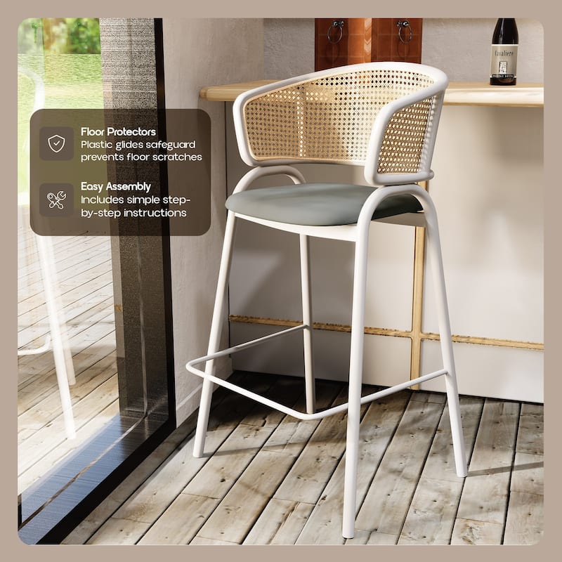 LeisureMod Ervilla Modern Wicker Leather Bar Stool with Curved Back & White Stainless Steel Frame for Home & Kitchen