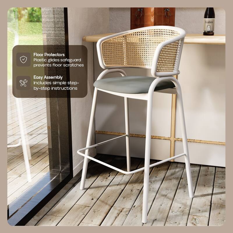 LeisureMod Ervilla Set of 2 Modern Wicker Leather Bar Stool with Curved Back & White Steel Frame for Home Office Dining Room