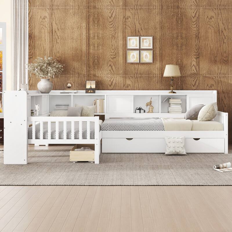 L Shaped Twin Platform Bed with Pull Out Trundle and Drawer, Solid Wood Twin Size Bed Frame with L Shaped Storage Bookcases - White - Twin