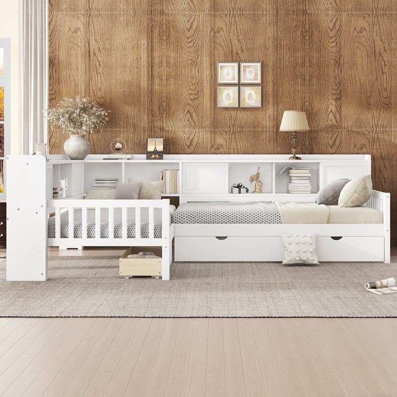 Roomfitters L-Shaped Twin Platform Bed with Trundle, Corner Bed Frame with Storage Drawers and Shelves