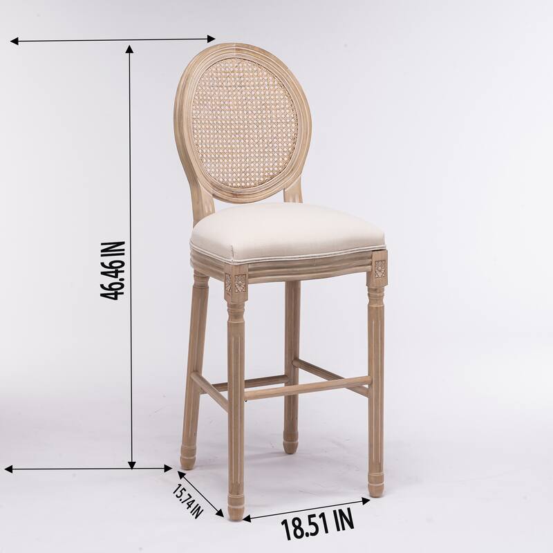 French Country Wooden Barstools Rattan Back With Upholstered Seating, Set of 2