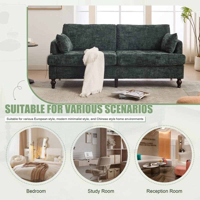 Modern Chenille 2-Seater Wood-Legged Sofa with LED light, USB Charging Port and Storage Bag