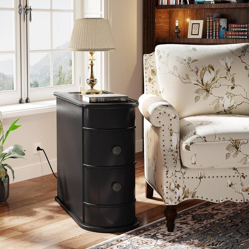 Solid Wood End Table, Two-Drawer Narrow Side Table, Fully Assembled - 1 PCS- 2 Drawers - Black