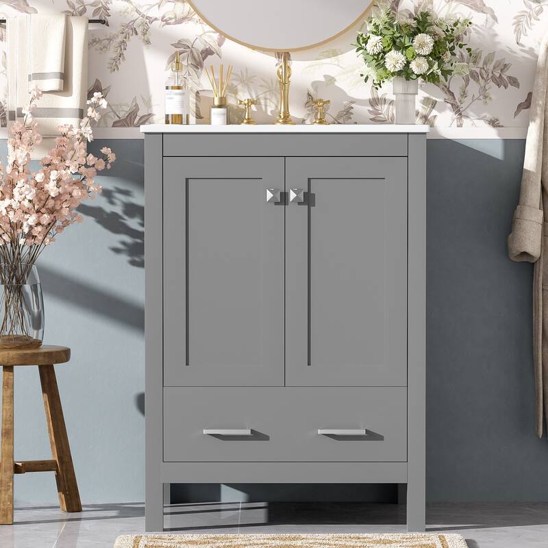 Bathroom Vanity with Sink, Multi-Functional Bathroom Cabinet, Bathroom Vanity with Door Shelf, Soft-Close Doors & 1 Drawer