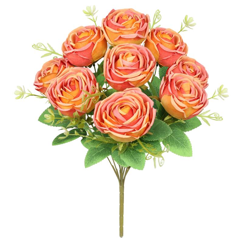 Set of 2 Orange Artificial Vintage Cabbage Rose Flower Stem Bush Bouquet 17in - 17" L x 10" W x 10" DP - Orange - 17" L x 10" W x 10" DP