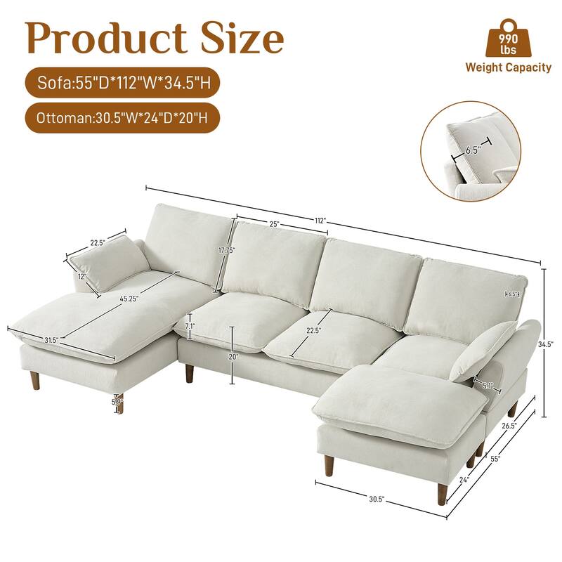 Modern U-Shaped Sectional Sofa Couch with Ottoman Chaise for Living Room