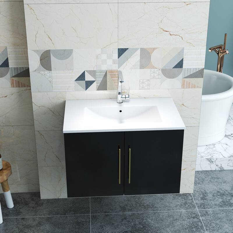 30-Inch Gloss Wall-Mounted Bathroom Vanity with Double Doors, Soft-Close Hangers,Long Gold Metal Handle