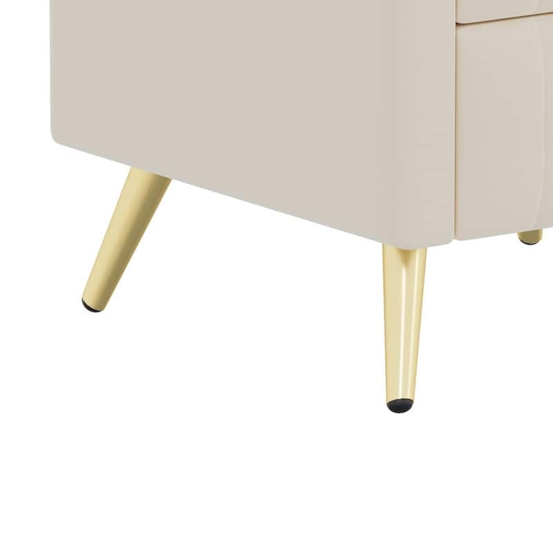 Upholstered Wooden Nightstand with 3 Drawers and Metal Legs&Handles, Bedside Table with Marbling Stickers Worktop