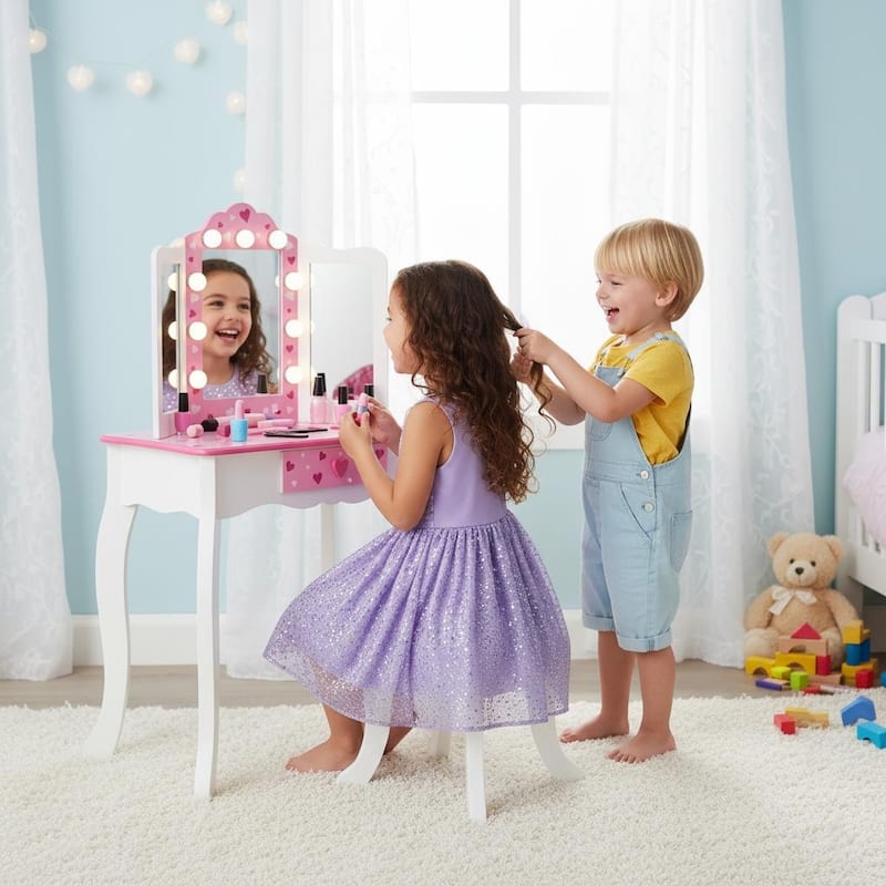 Teamson Kids Wooden Play Vanity Set with Tri-Fold Mirror, Storage Drawer and Stool, Kids Dressing Table for Girls Ages 3-5