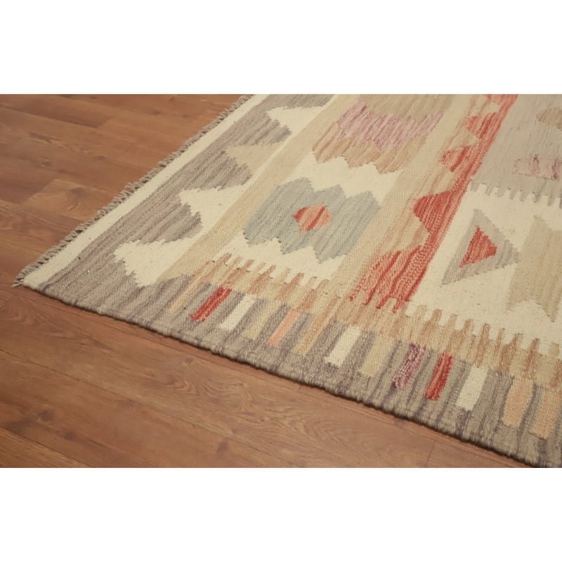 Hand Woven Oriental 100% Wool Carpet Southwestern Tribal Beige & Ivories Kilim Area Rug - 9' 0'' X 5' 11''