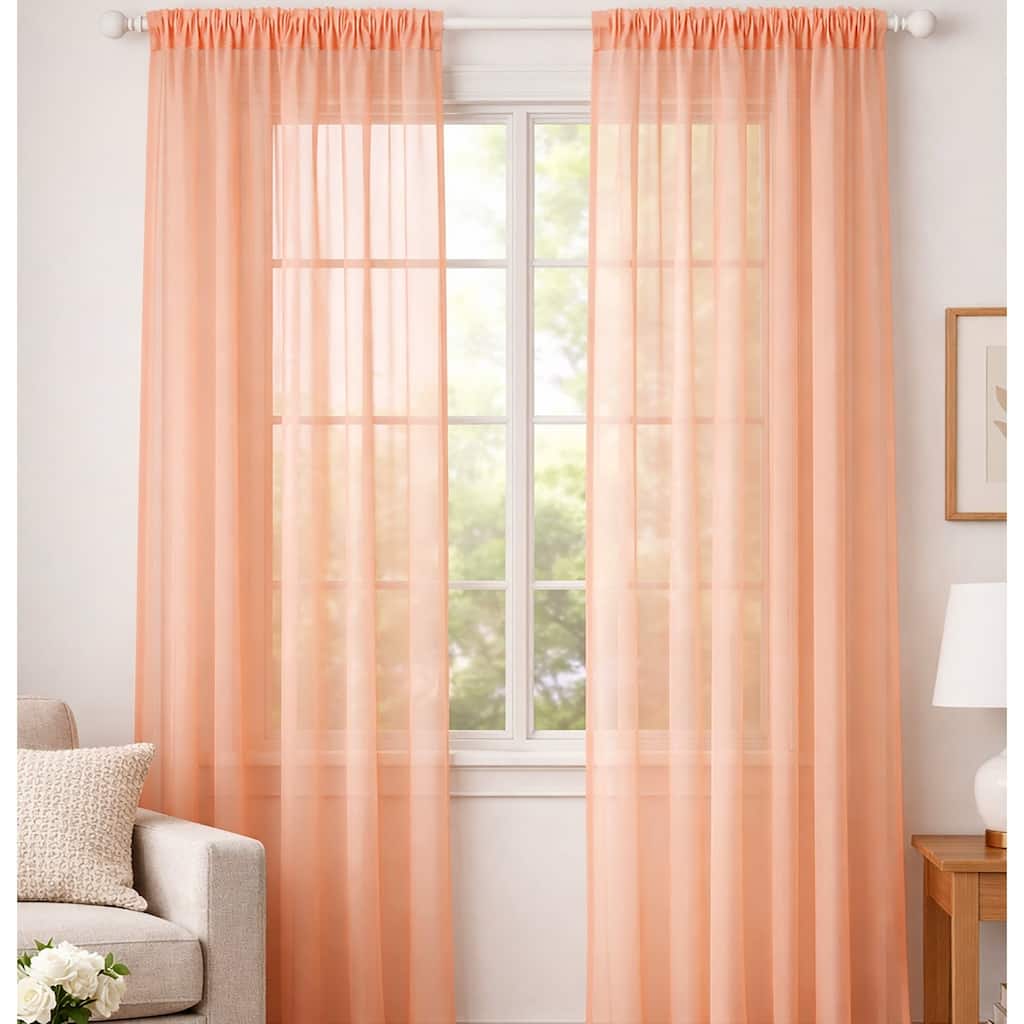 Peach Sheer Window Rod Pocket Curtain Set 90" Inches Long (2 Panels)