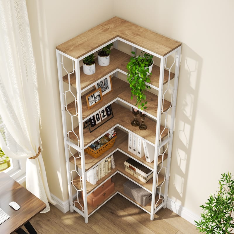 7-Tier Corner Bookshelf, White Corner Shelf Modern Etagere Bookcase