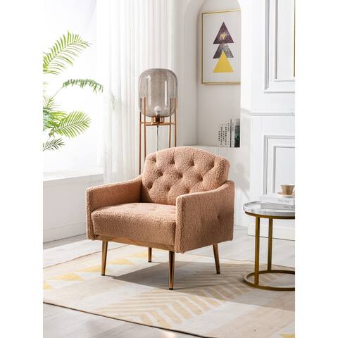 Modern Teddy Fabric Accent Chair with Rose Golden Legs, Camel Teddy