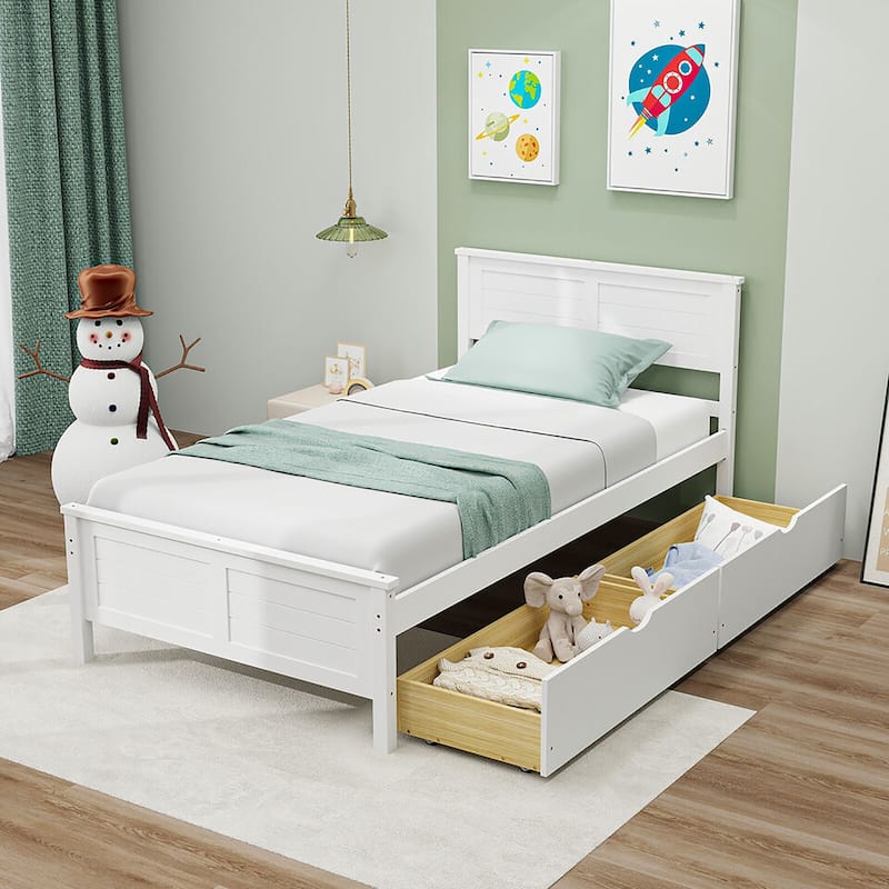 Gymax Twin/Full Size Wooden Bed Frame w/ 2 Storage Drawers & Under-bed