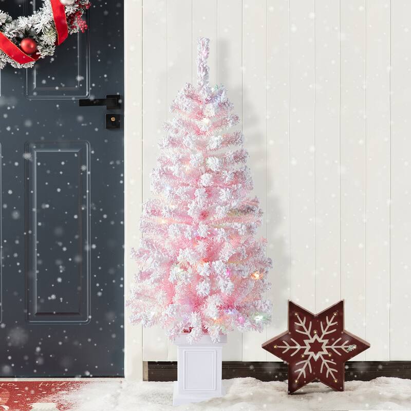 Glitzhome 4ft/5ft Pre-Lit Flocked Pink Artificial Christmas Porch Tree with Foot Pedal LED Lights