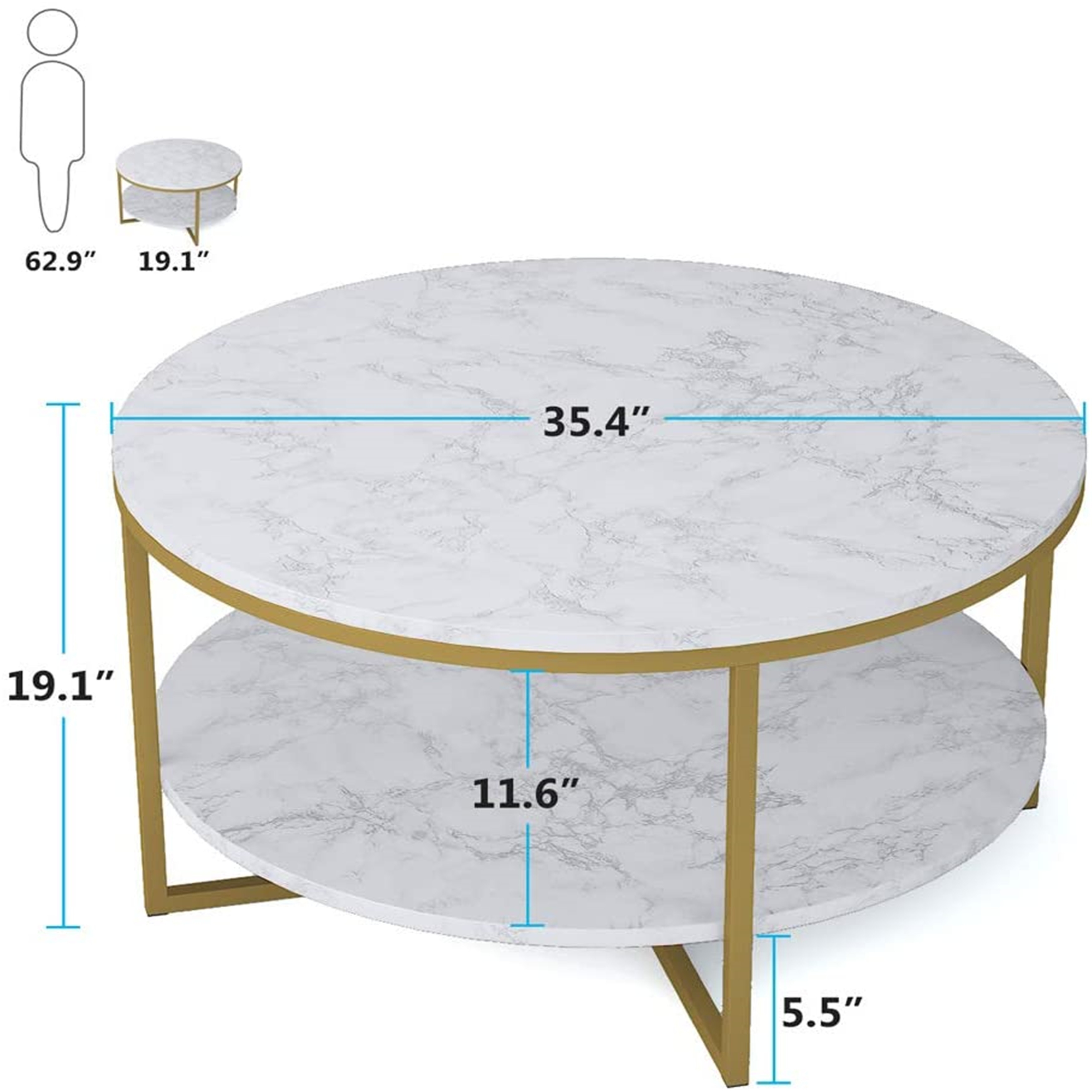 Round Coffee Table Modern Marble With Gold Legs 90x90x48cm White Gold Overstock 31832054